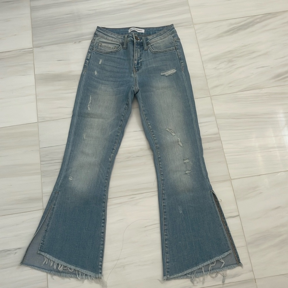 Flying Monkey Distressed Cropped Flare Slit Denim Jeans